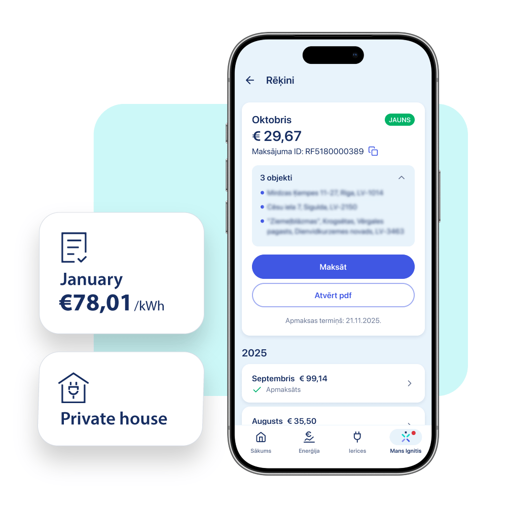 Ignitis Mobile App inscreens - contracts, bills, objects