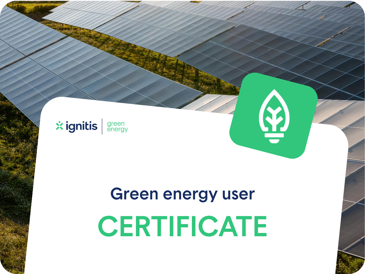 Ignitis Green energy user Certificate over a background of solar panels.
